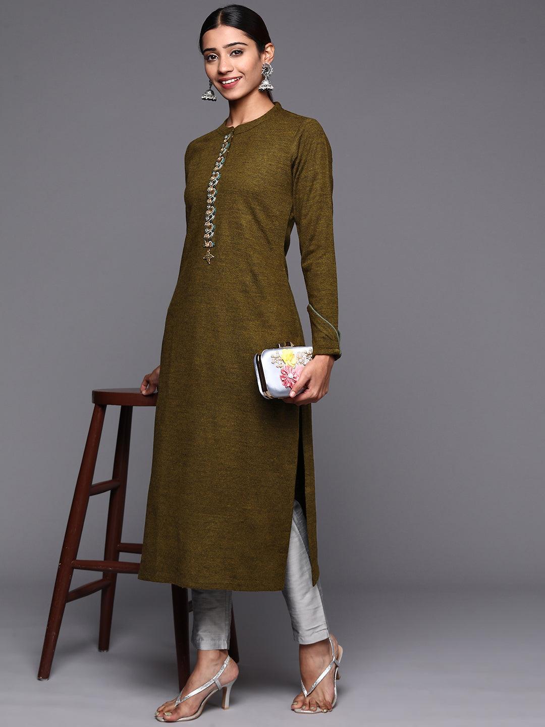 Brown Embroidered Wool Straight Kurta - ShopLibas