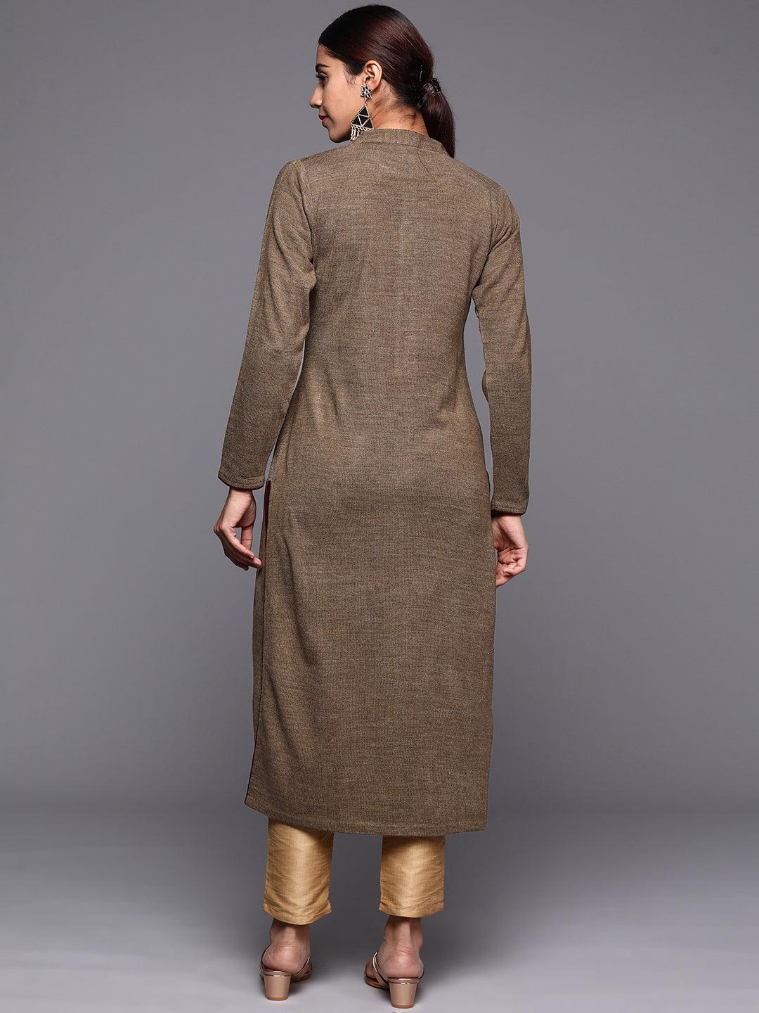Brown Embroidered Wool Straight Kurta - ShopLibas