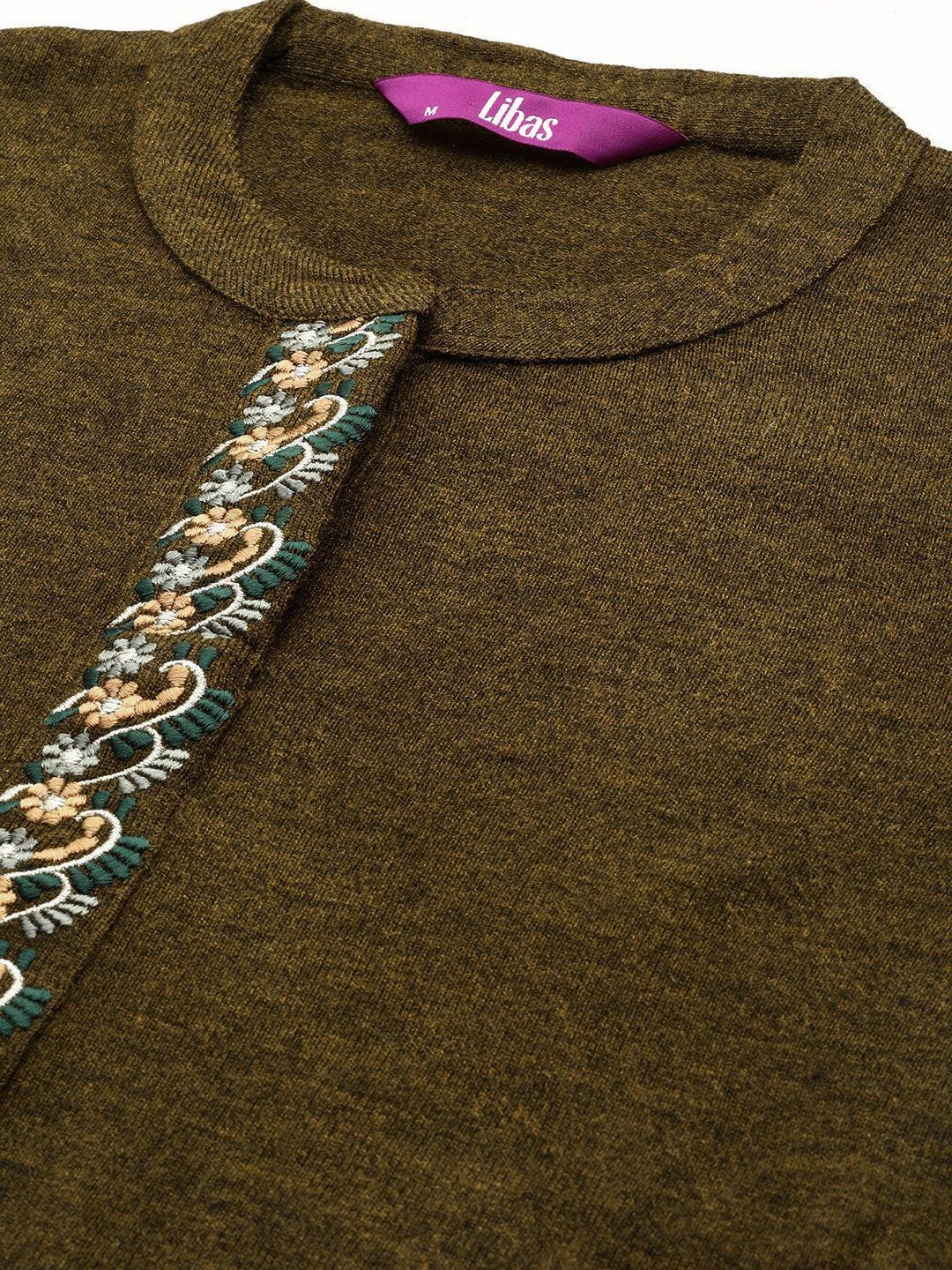 Brown Embroidered Wool Straight Kurta - ShopLibas