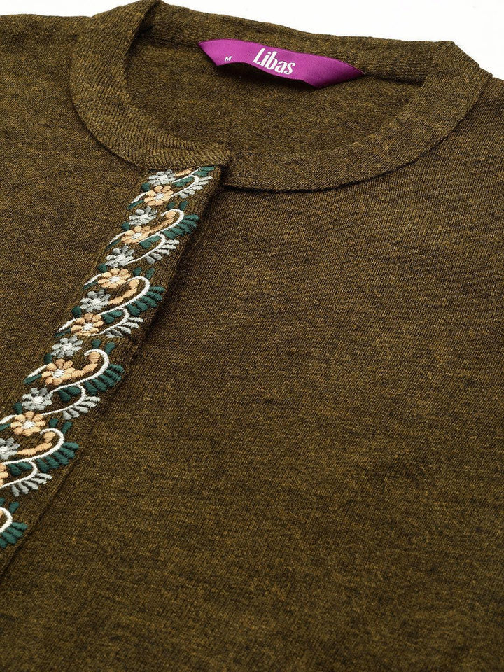 Brown Embroidered Wool Straight Kurta