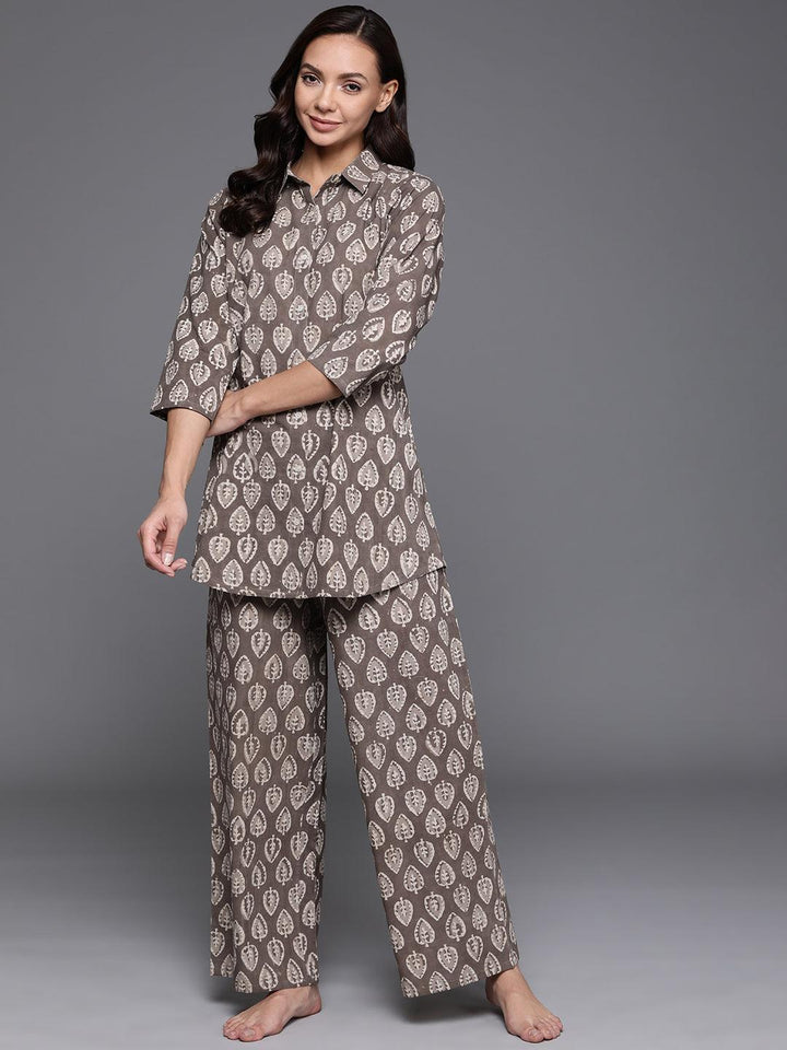 Brown Printed Cotton Night Suit