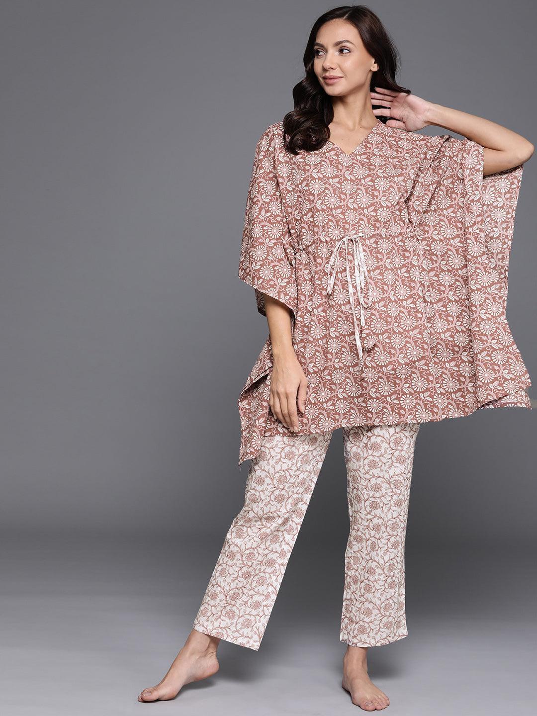 Brown Printed Cotton Night Suit - ShopLibas