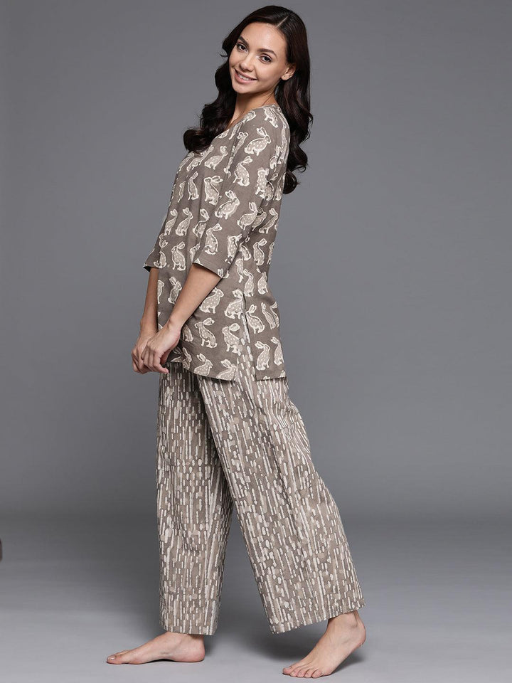 Brown Printed Cotton Night Suit
