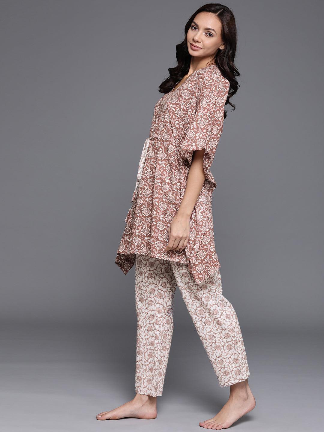 Brown Printed Cotton Night Suit - ShopLibas