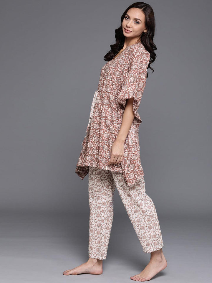 Brown Printed Cotton Night Suit