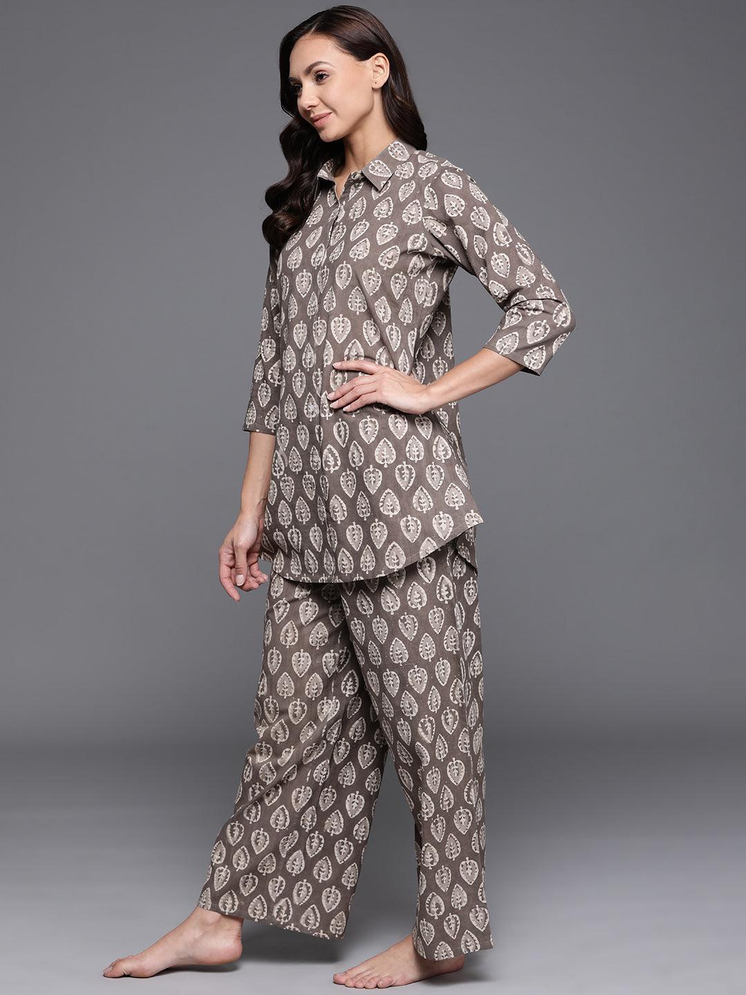 Brown Printed Cotton Night Suit - ShopLibas