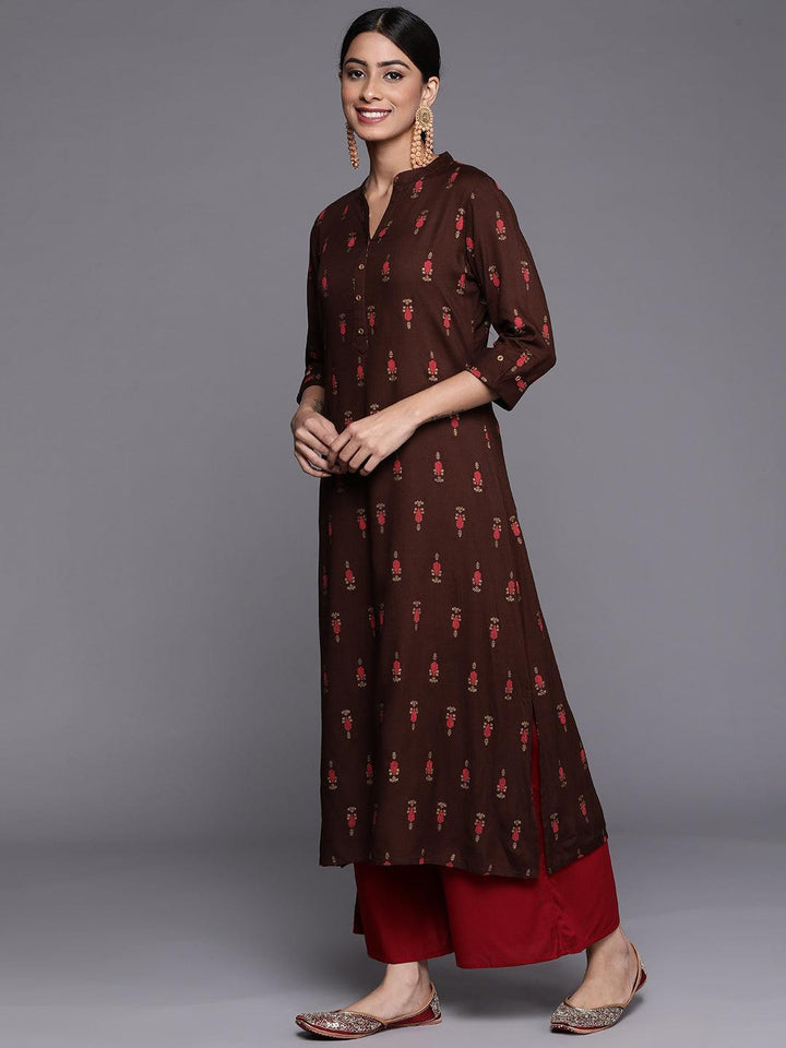 Brown Printed Rayon Straight Kurta