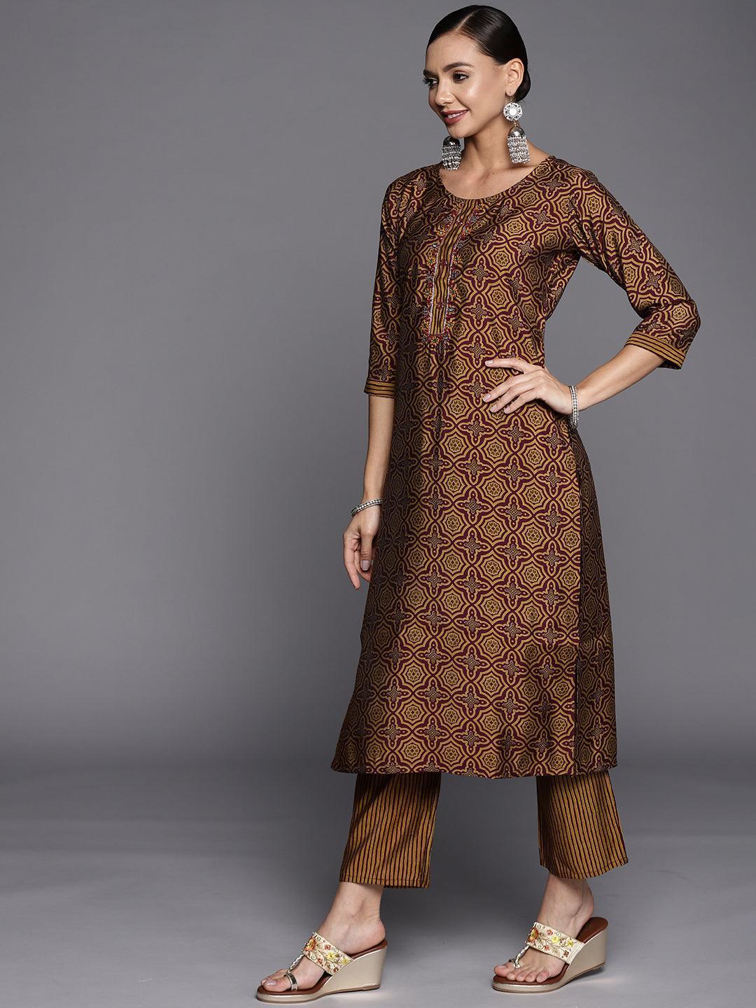 Brown Printed Silk Blend Straight Suit Set - ShopLibas
