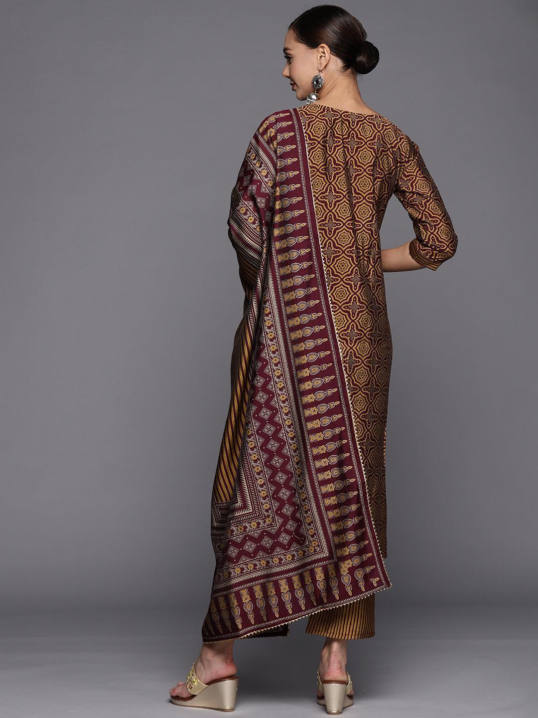 Brown Printed Silk Blend Straight Suit Set - ShopLibas