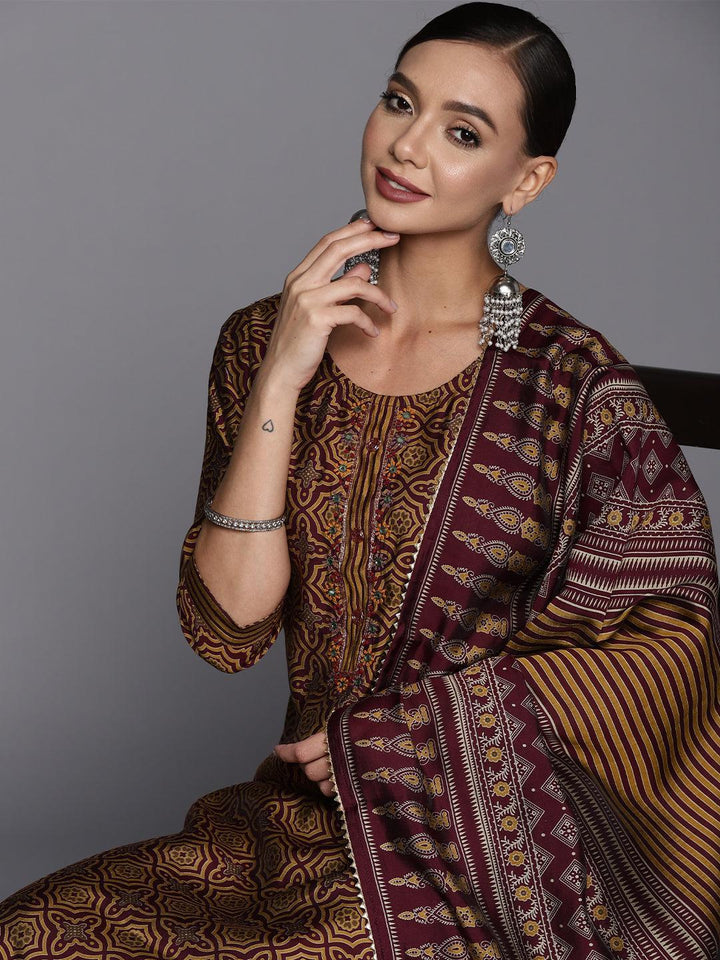 Brown Printed Silk Blend Straight Suit Set