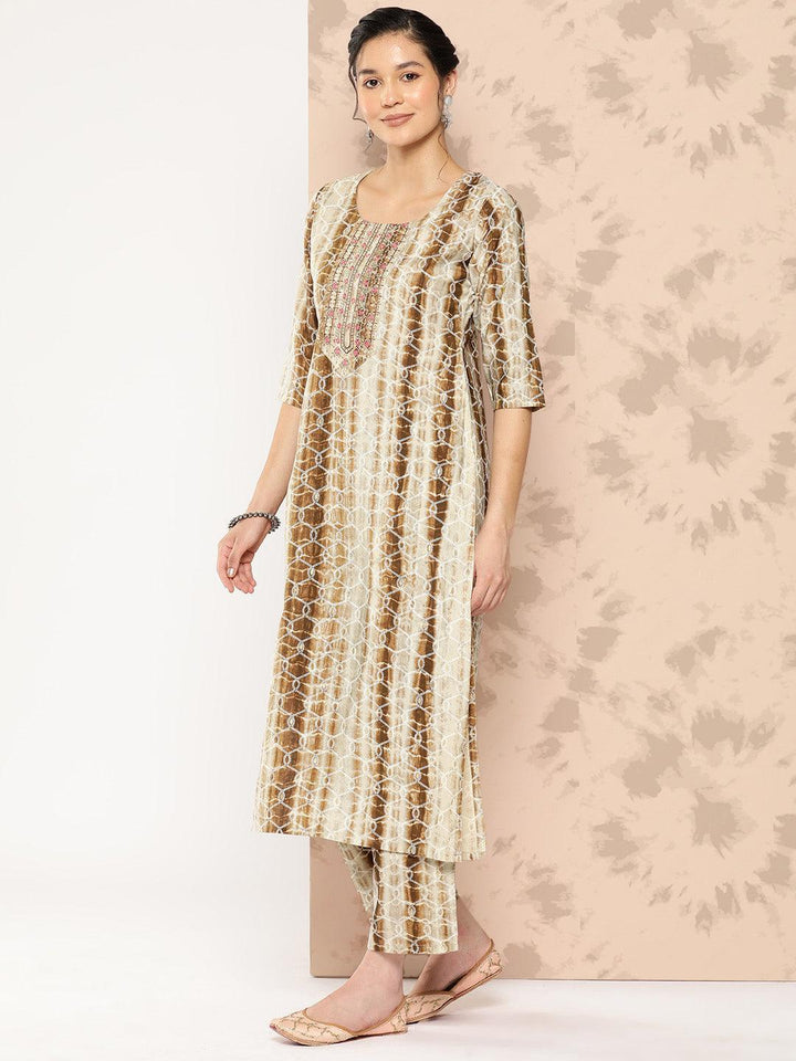 Brown Printed Silk Blend Straight Kurta With Trousers and Dupatta
