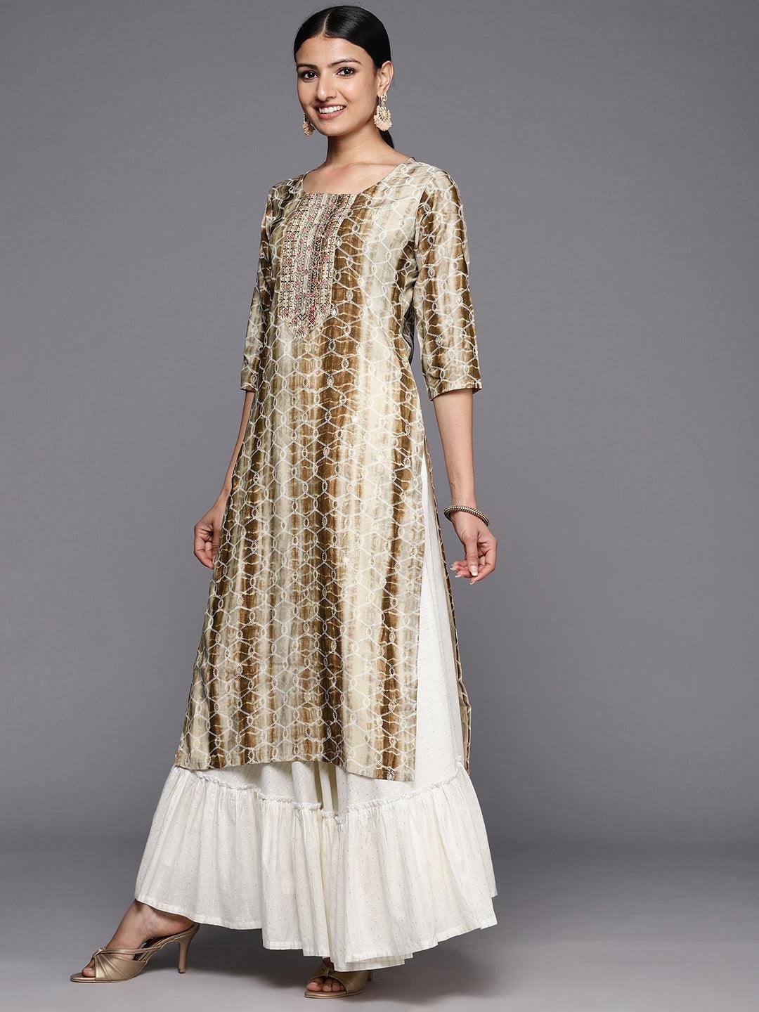 Brown Printed Silk Straight Kurta - ShopLibas