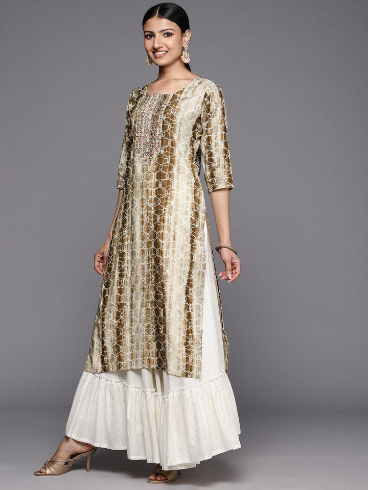 Brown Printed Silk Straight Kurta