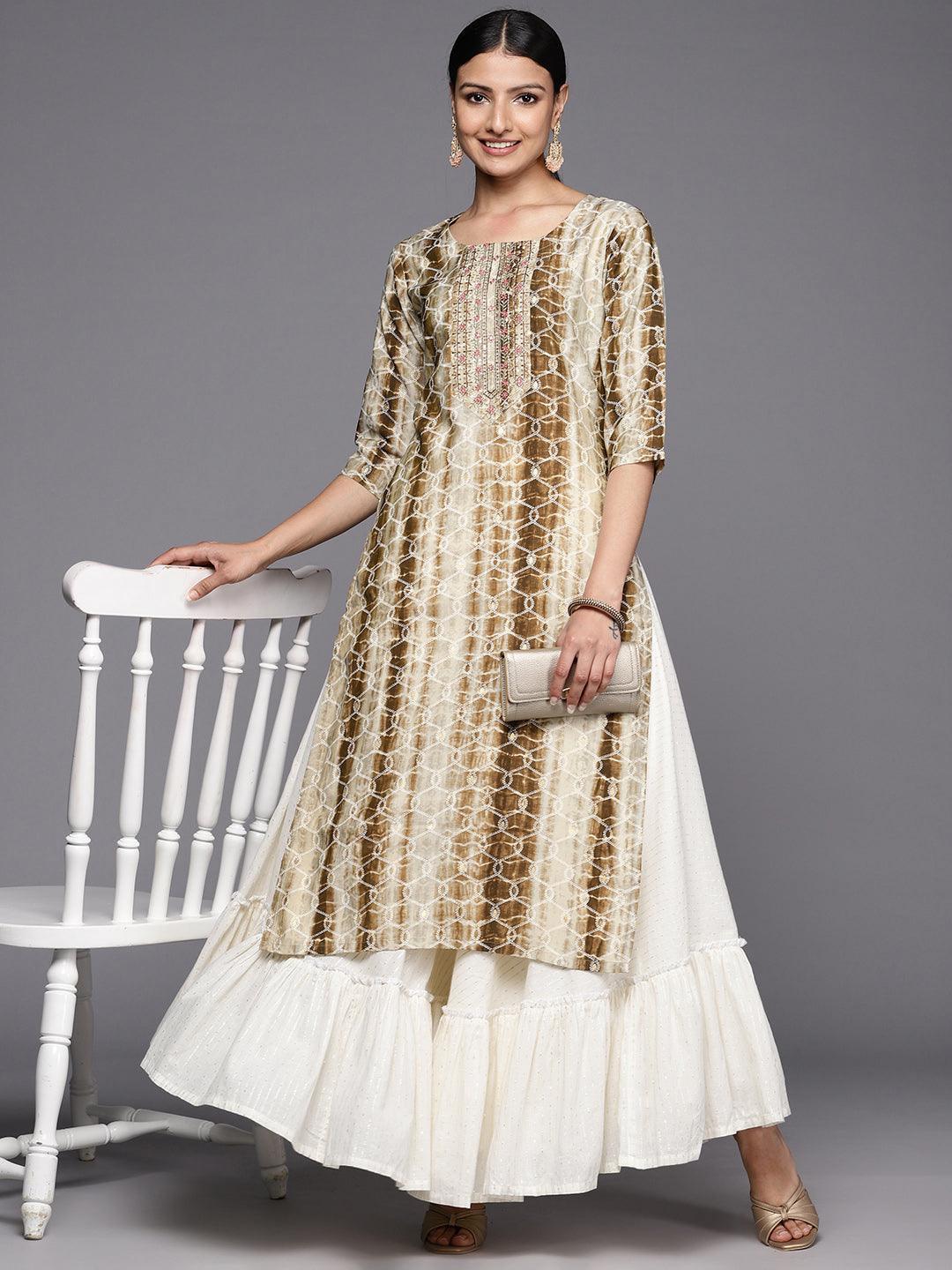 Brown Printed Silk Straight Kurta - ShopLibas