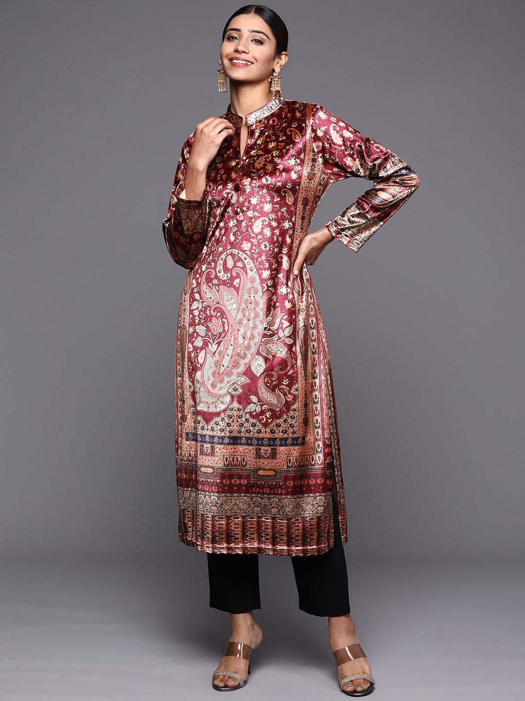Brown Printed Velvet Straight Kurta - ShopLibas