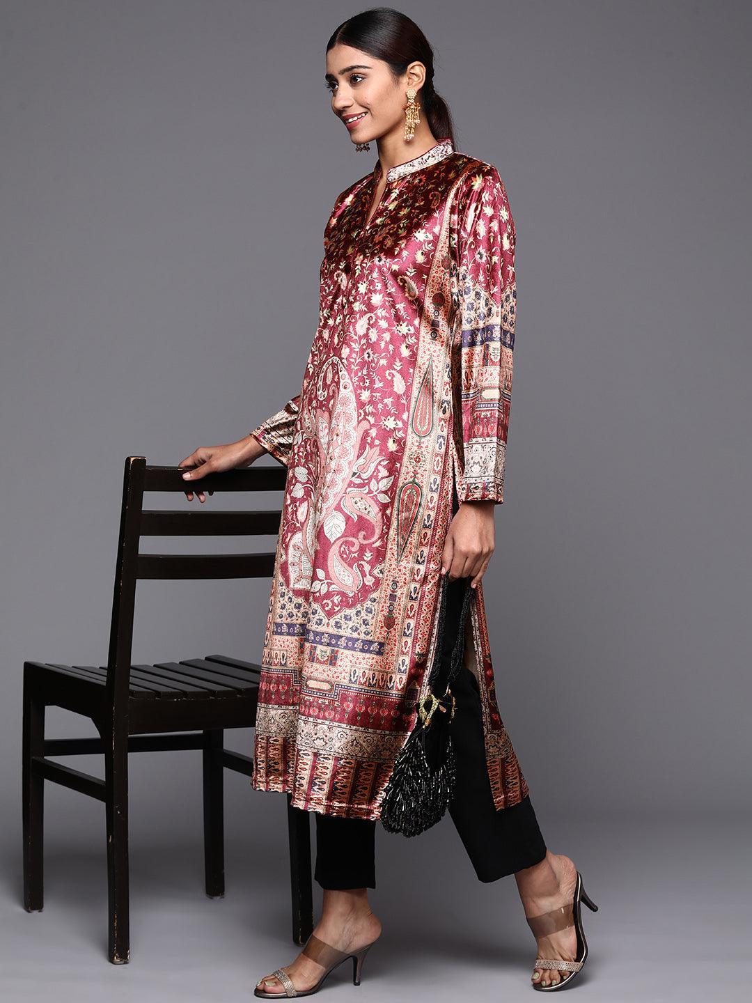 Brown Printed Velvet Straight Kurta - ShopLibas