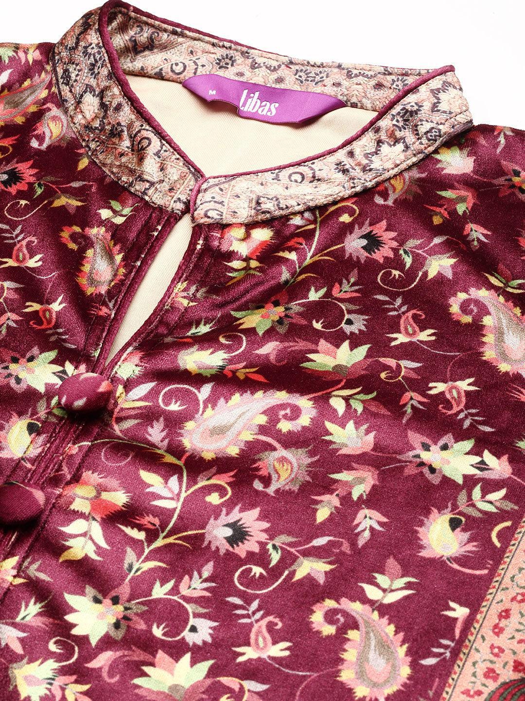 Brown Printed Velvet Straight Kurta - ShopLibas