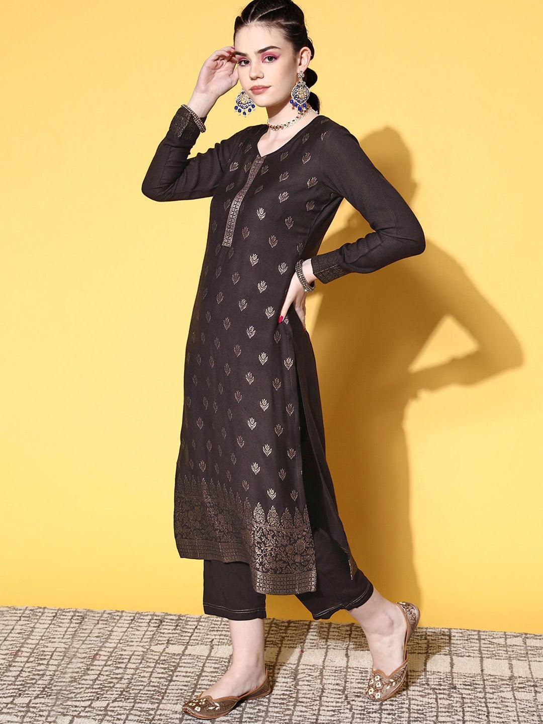 Brown Self Design Pashmina Wool Straight Suit Set - ShopLibas