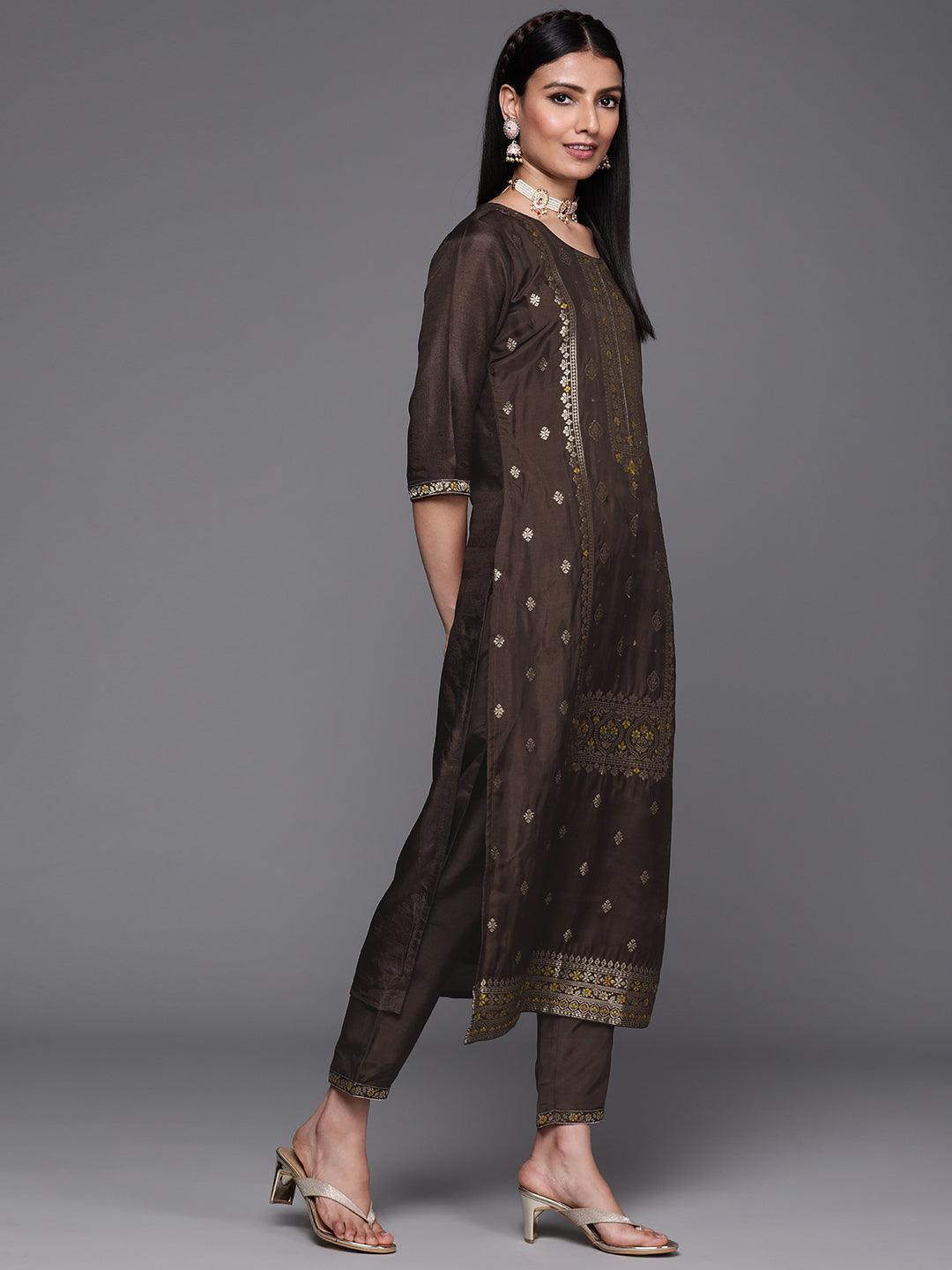 Coffee Brown Self Design Silk Suit Set - ShopLibas