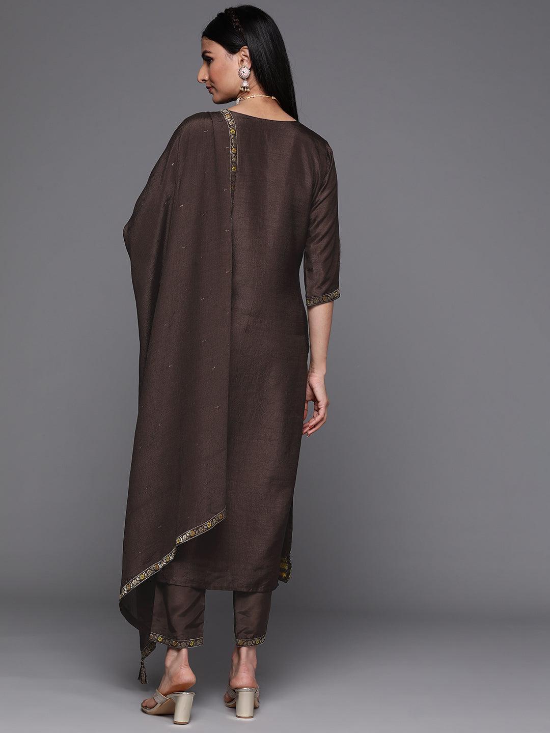 Coffee Brown Self Design Silk Suit Set - ShopLibas