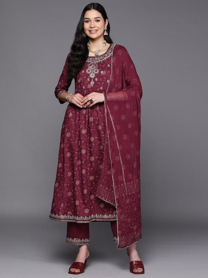 Burgundy Embroidered Rayon A-Line Suit Set With Trousers