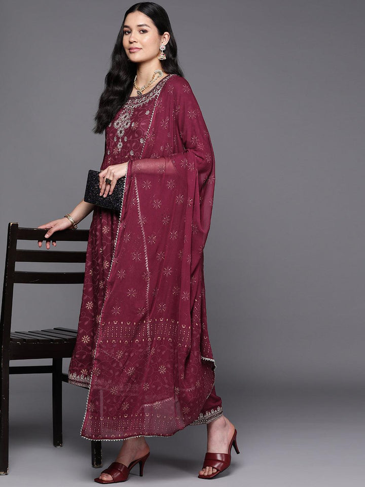 Burgundy Embroidered Rayon A-Line Suit Set With Trousers