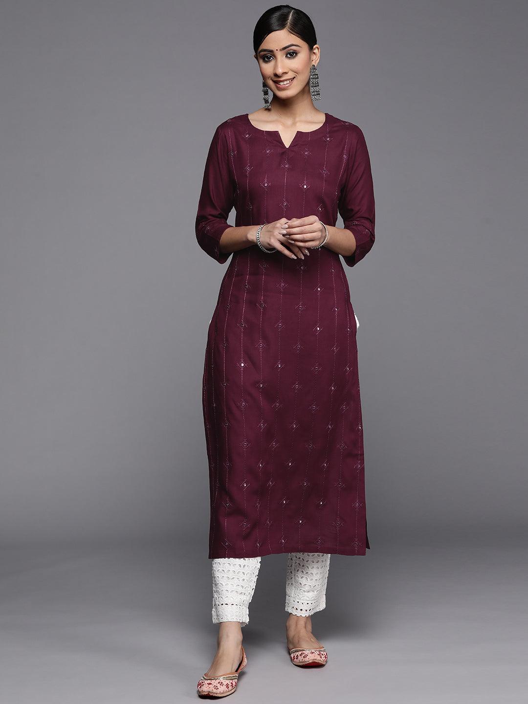Burgundy Embroidered Rayon Kurta - ShopLibas