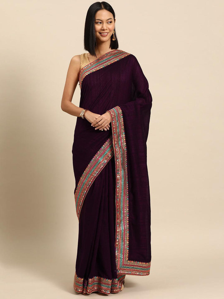 Burgundy Embroidered Silk Blend Saree