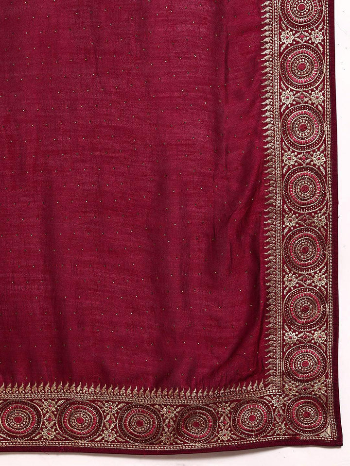 Burgundy Embroidered Silk Blend Saree