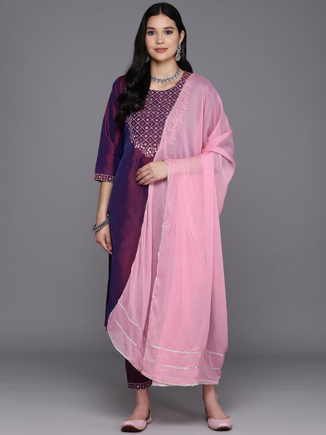 Burgundy Embroidered Silk Blend Straight Kurta With Trousers Dupatta
