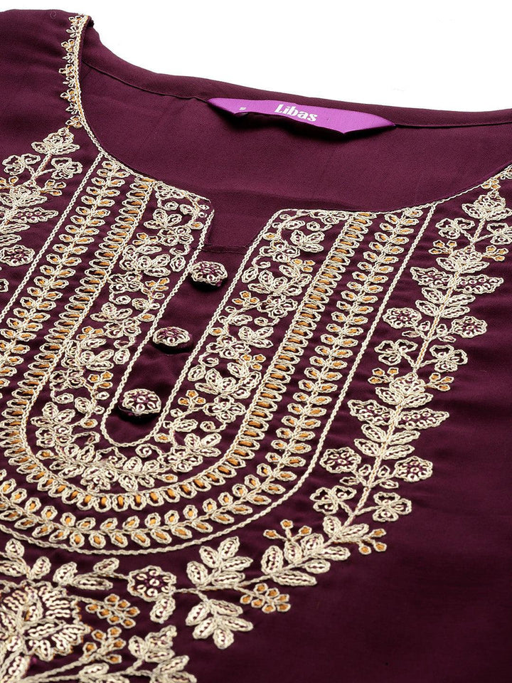 Burgundy Embroidered Silk Blend Straight Kurta With Trousers & Dupatta