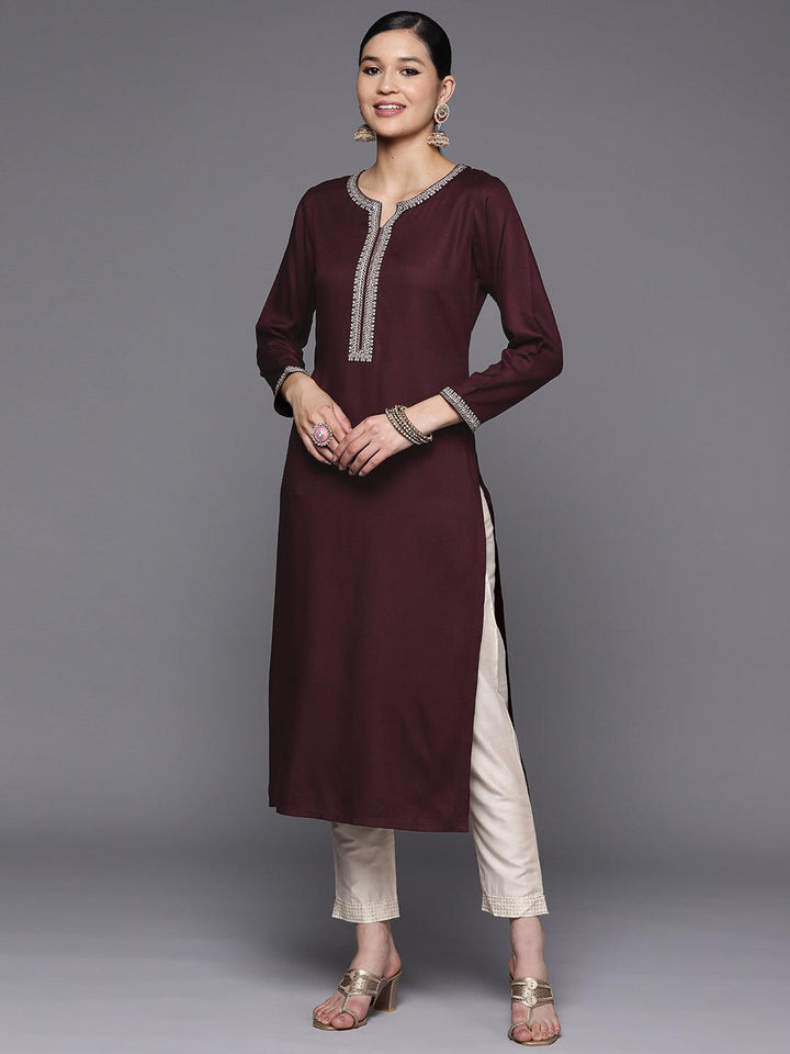 Burgundy Embroidered Wool Straight Kurta
