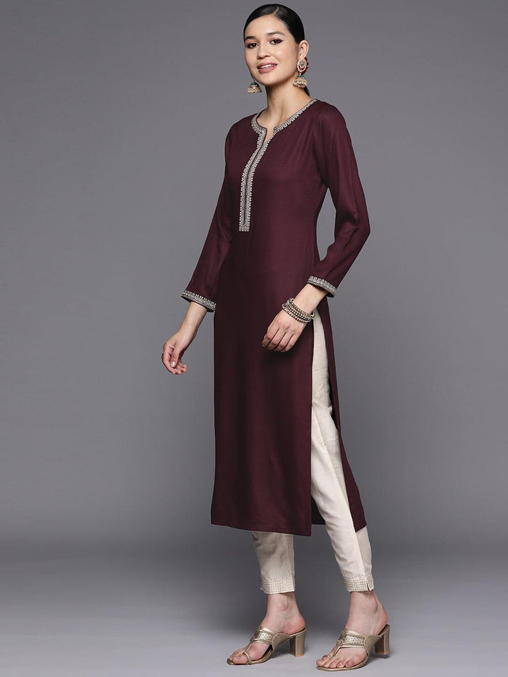 Burgundy Embroidered Wool Straight Kurta