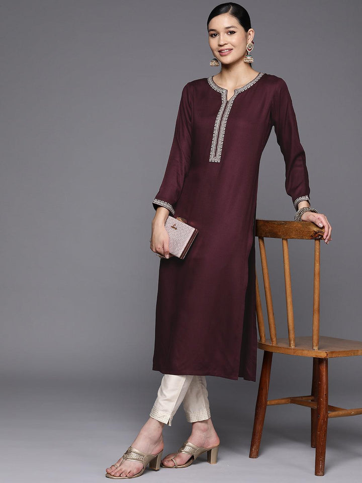 Burgundy Embroidered Wool Straight Kurta