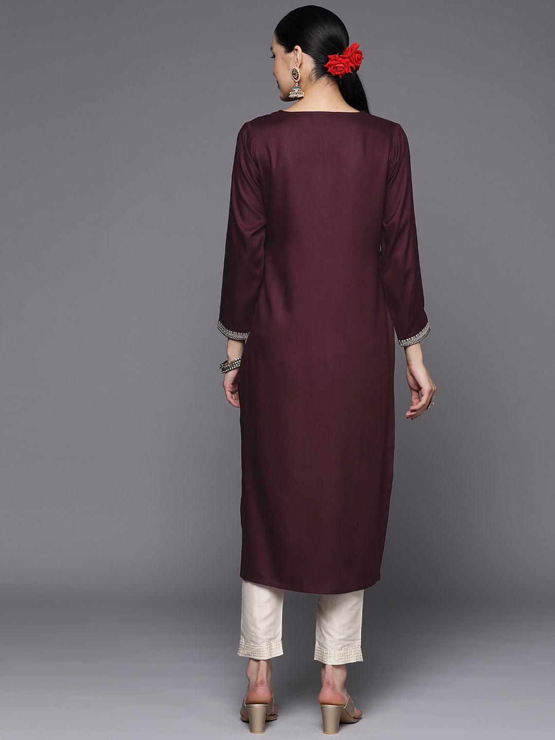 Burgundy Embroidered Wool Straight Kurta - Libas