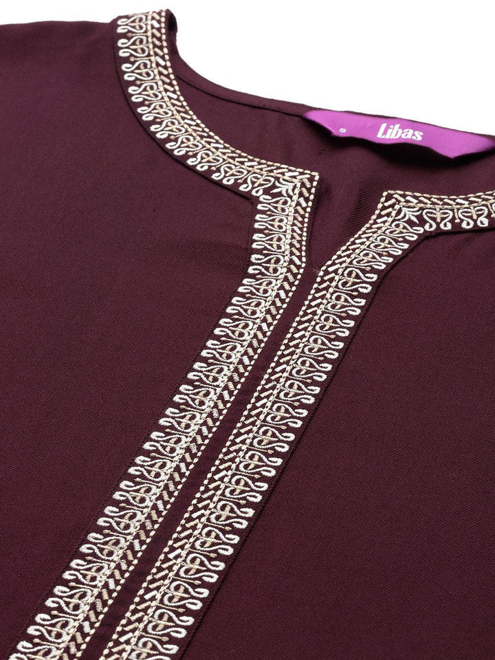 Burgundy Embroidered Wool Straight Kurta