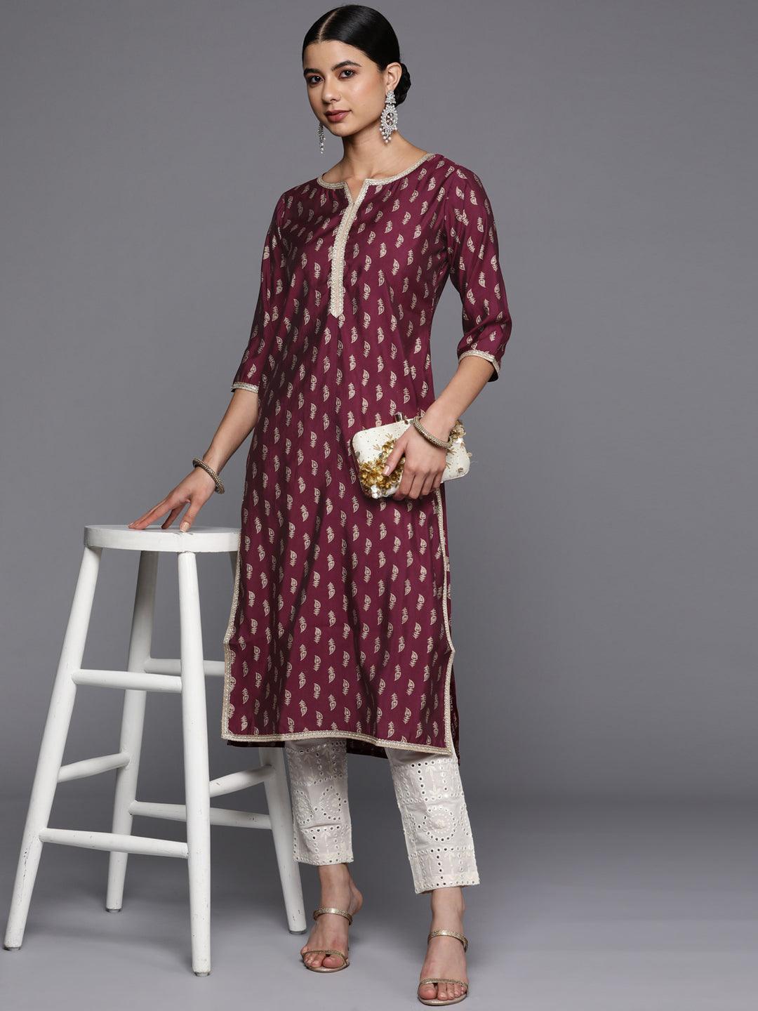 Burgundy Printed Silk Straight Kurta - ShopLibas