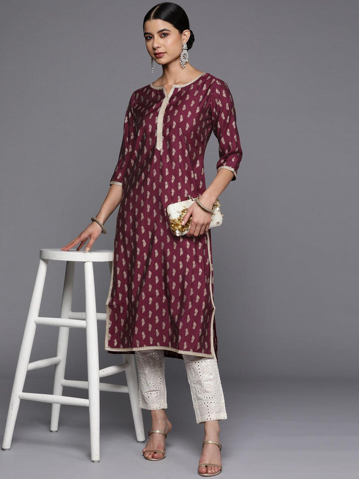 Burgundy Printed Silk Straight Kurta