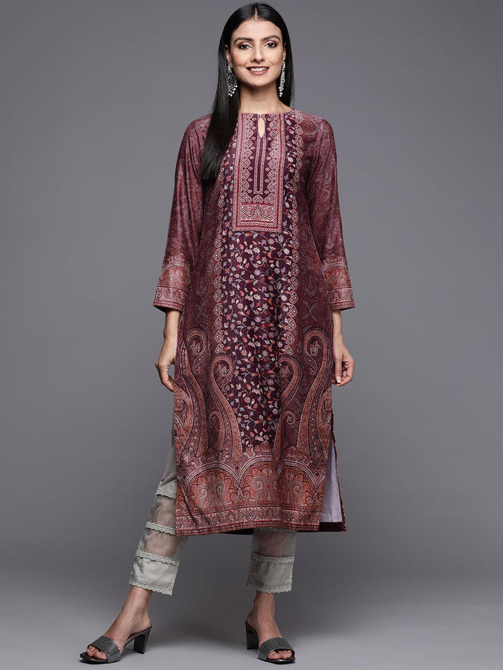 Burgundy Printed Velvet Straight Kurta