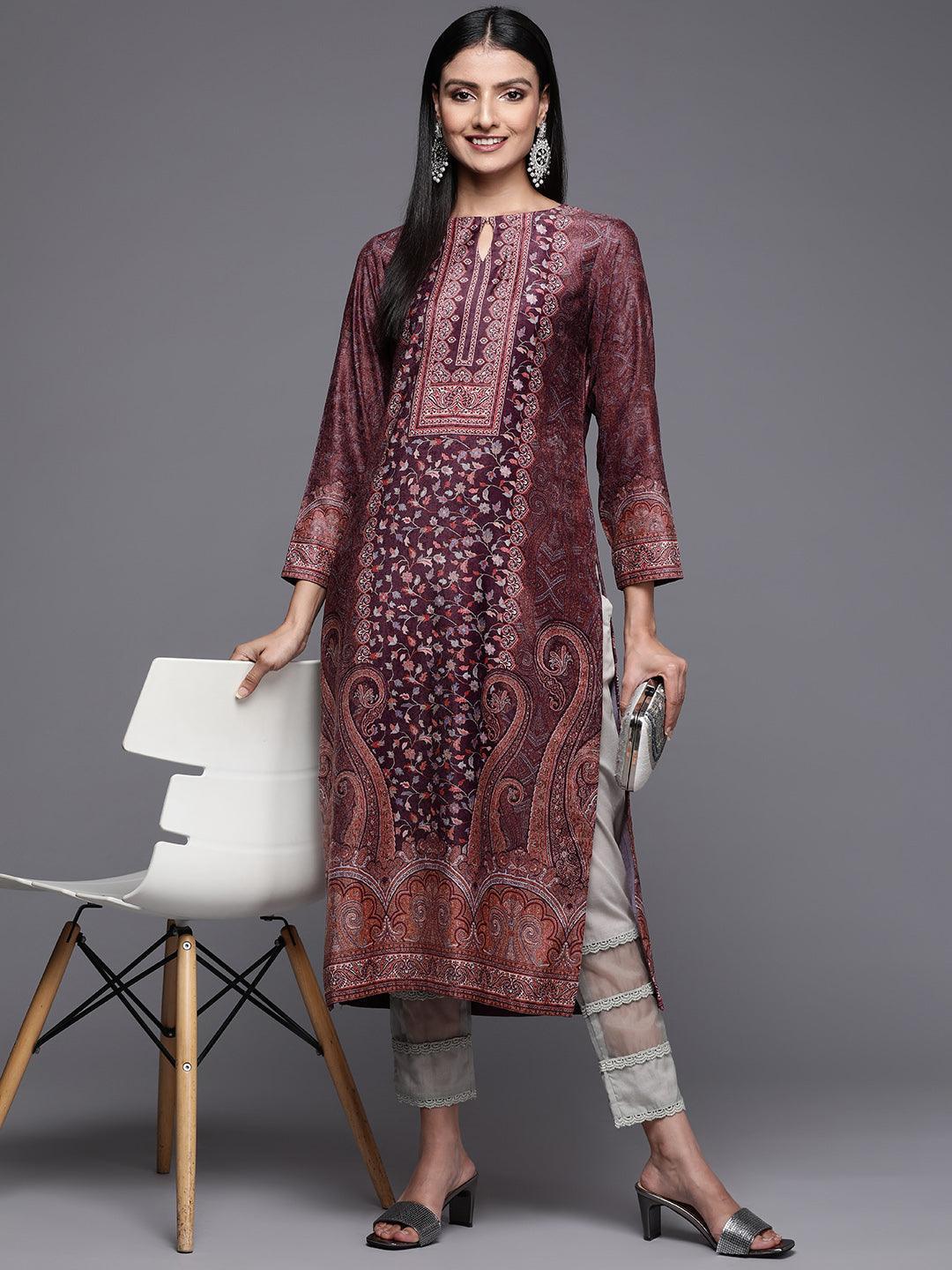 Burgundy Printed Velvet Straight Kurta - Libas