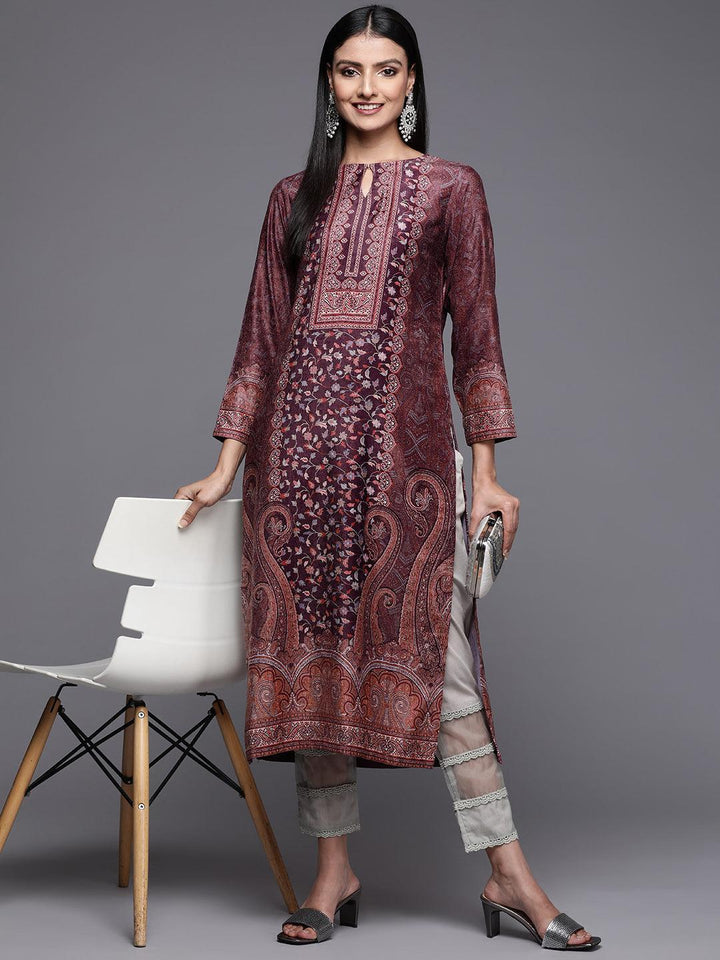 Burgundy Printed Velvet Straight Kurta