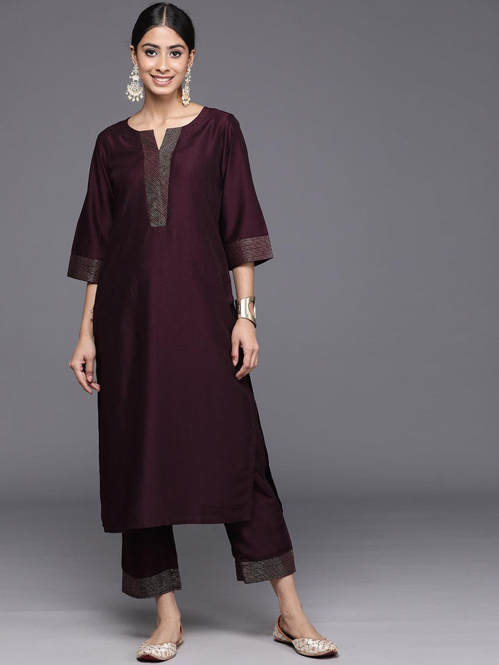 Burgundy Solid Silk Blend Straight Kurta With Trousers