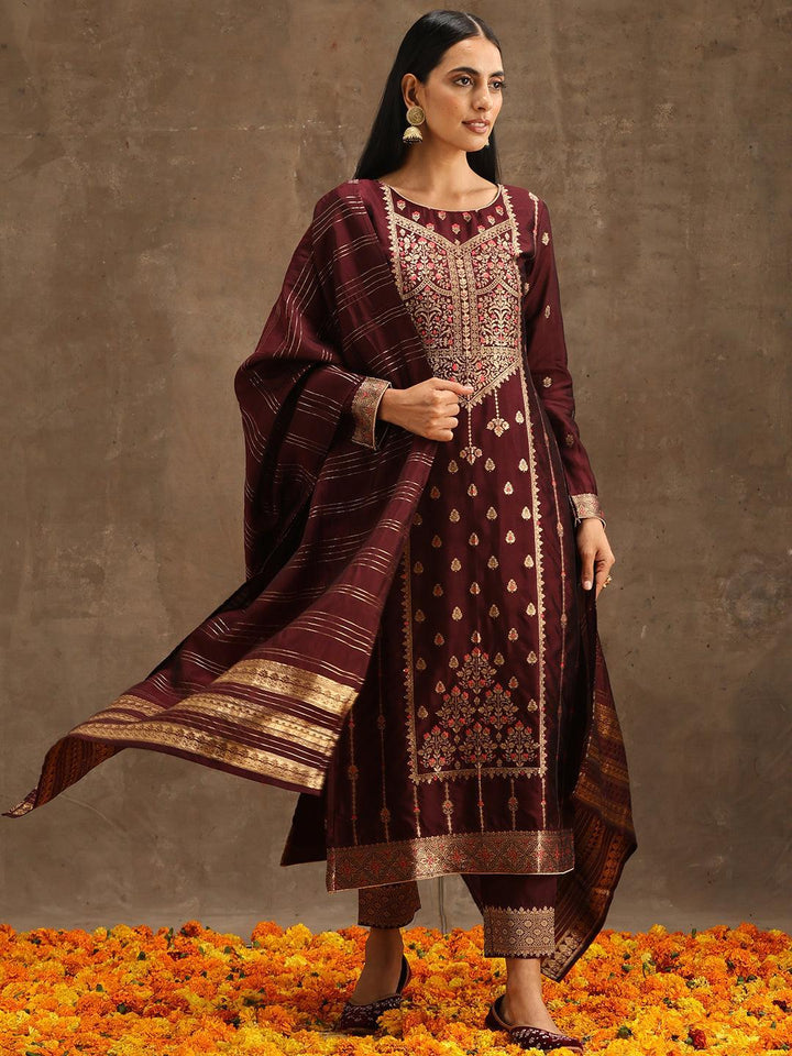 Burgundy Woven Design Silk Blend Straight Suit Set With Trousers