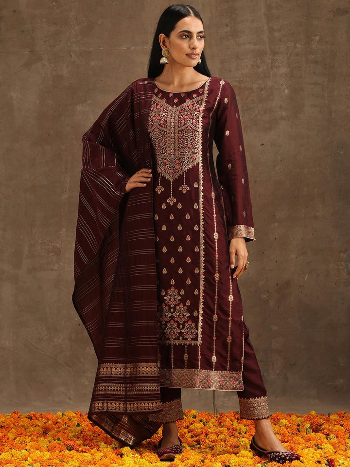 Burgundy Woven Design Silk Blend Straight Suit Set With Trousers