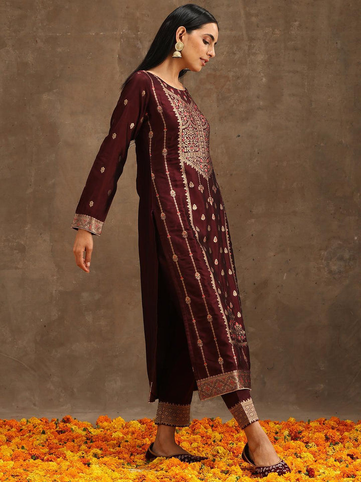 Burgundy Woven Design Silk Blend Straight Suit Set With Trousers