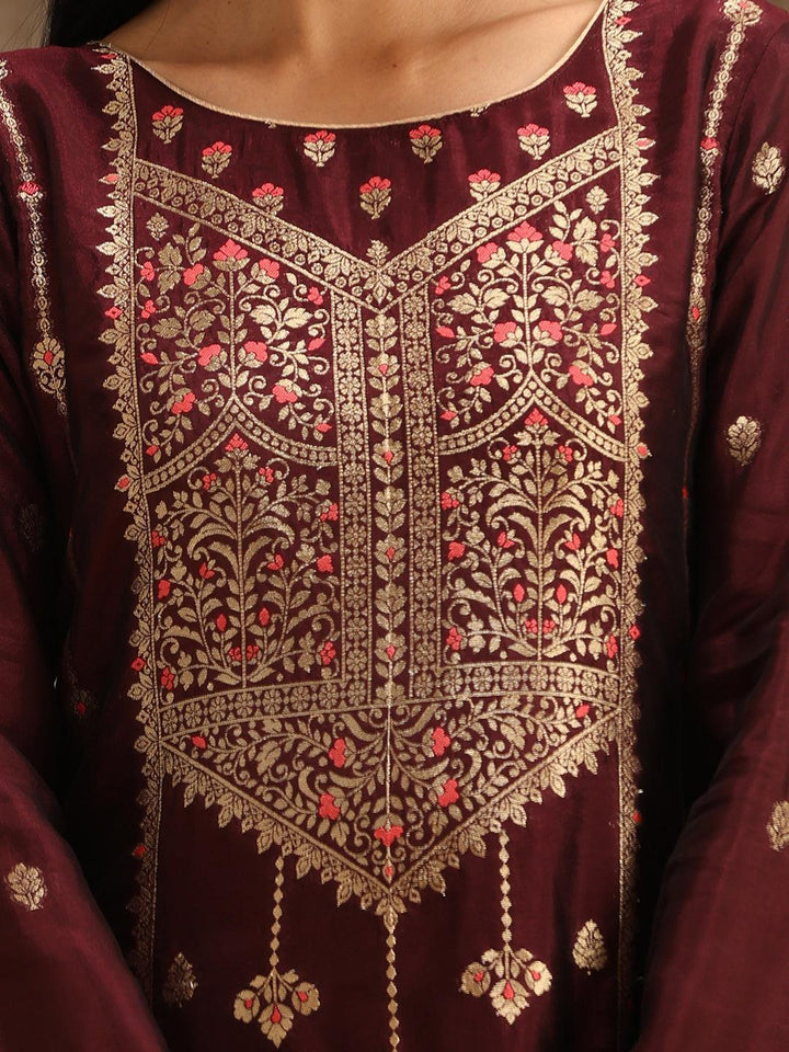 Burgundy Woven Design Silk Blend Straight Suit Set With Trousers