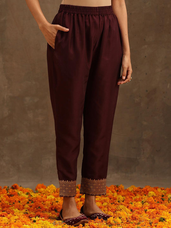 Burgundy Woven Design Silk Blend Straight Suit Set With Trousers