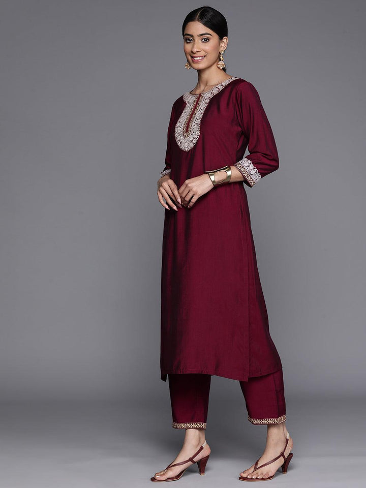 Burgundy Embroidered Silk Blend Suit Set With Trousers
