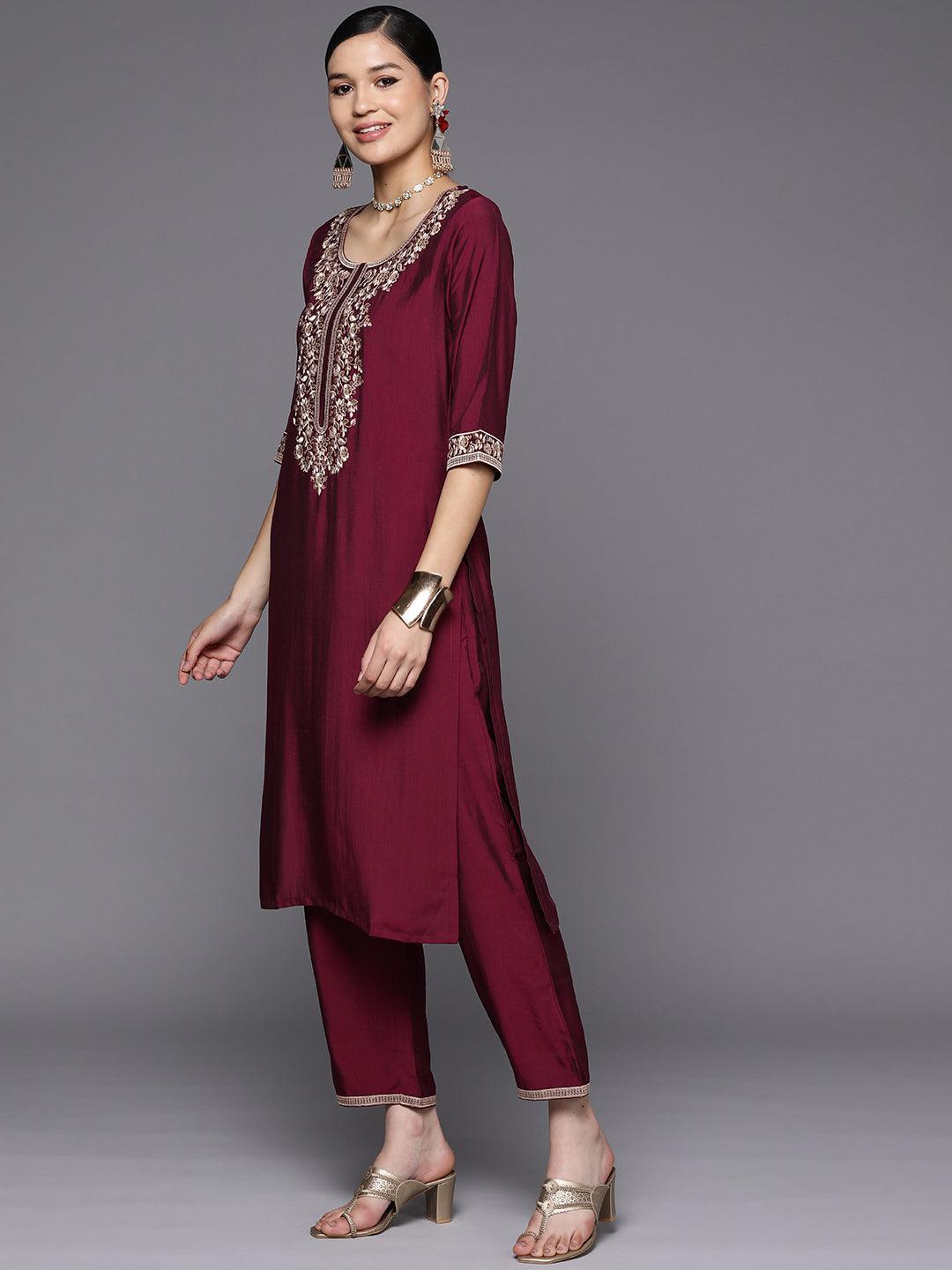 Burgundy Yoke Design Silk Blend Straight Suit Set With Trousers - Libas