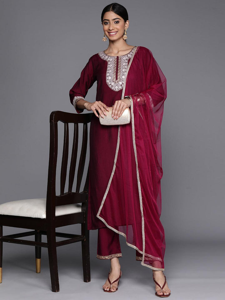 Burgundy Embroidered Silk Blend Suit Set With Trousers
